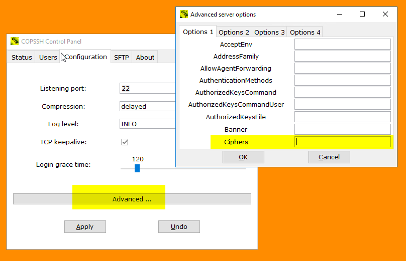 Copssh Control Panel - Configuration - Advanced - Ciphers
