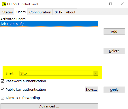 User Activation Wizard - Users - Access Type - SFTP
