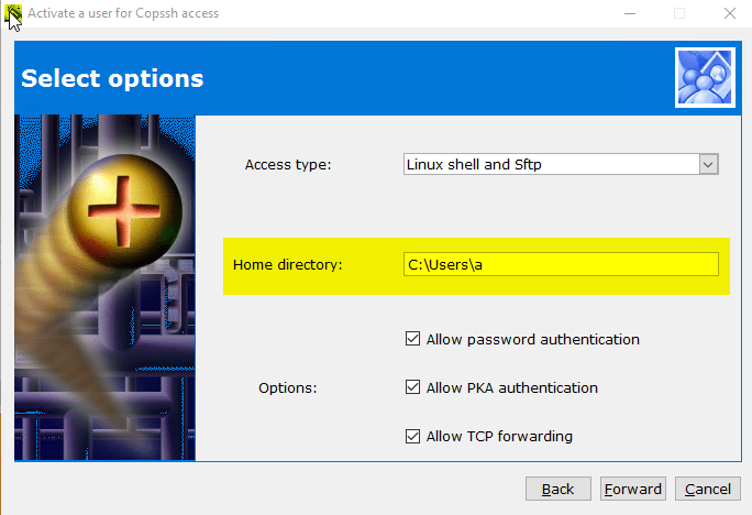 Copssh Control Panel - User Activation Wizard - Home directory